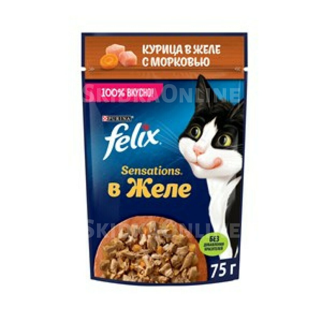 Корм влажный Felix Sensations для взрослых кошек с курицей в желе с морковью, 75г